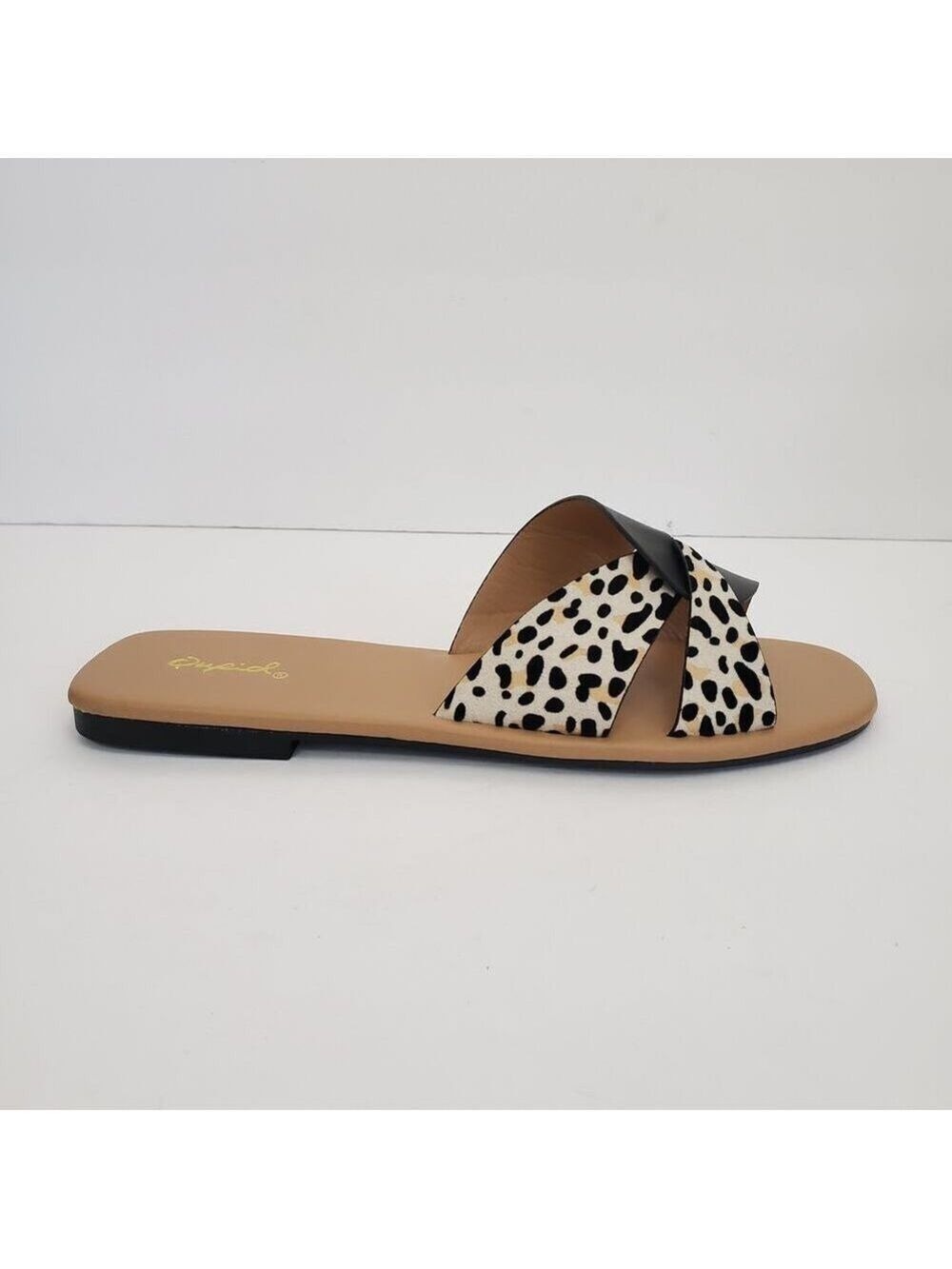 Qupid Womens Slip-On Black Animal Print Flat Two-Tone Sandals - Picture 2 of 8